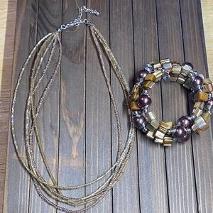 Multi-Strand Tan and Brown Beaded Necklace and Wrap Bracelet Set